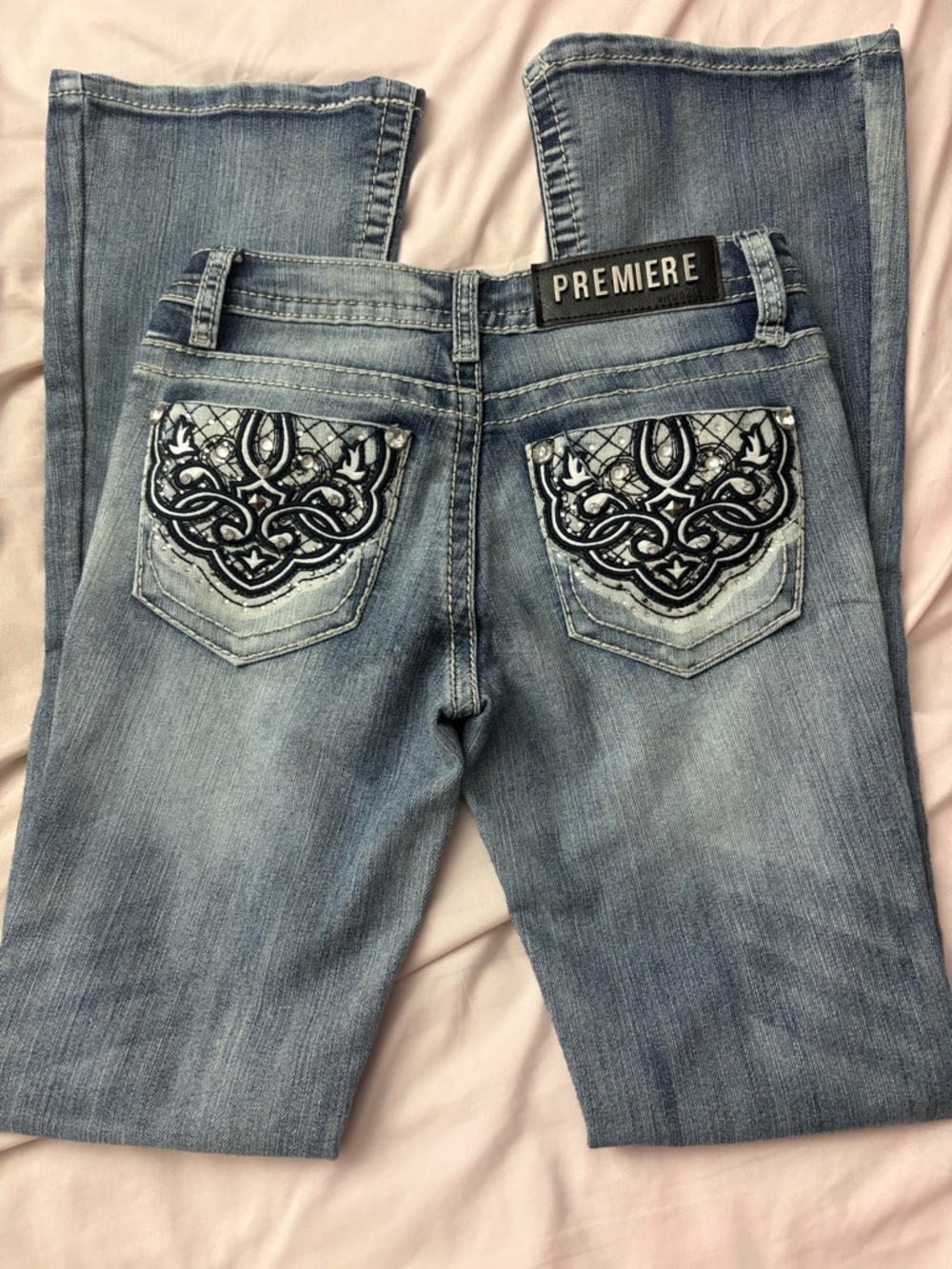 Light Blue Boot Cut Jeans with Black & White Embroidered Pockets